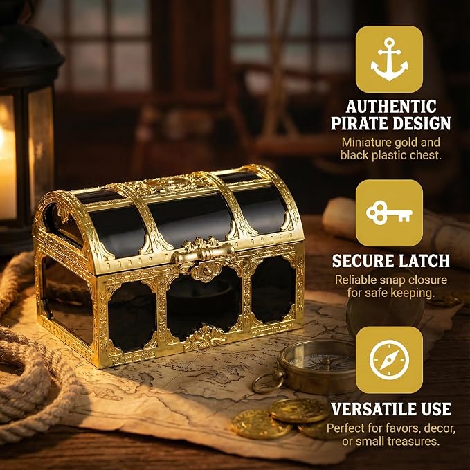 DECHOUS 12Pcs Kids Pirate Treasure Chest Box: Mini Treasure Box for Boys & Girls - Small Plastic Pirate Chest Toy for Party Favor Birthday Theme Decoration, 3 Inch
