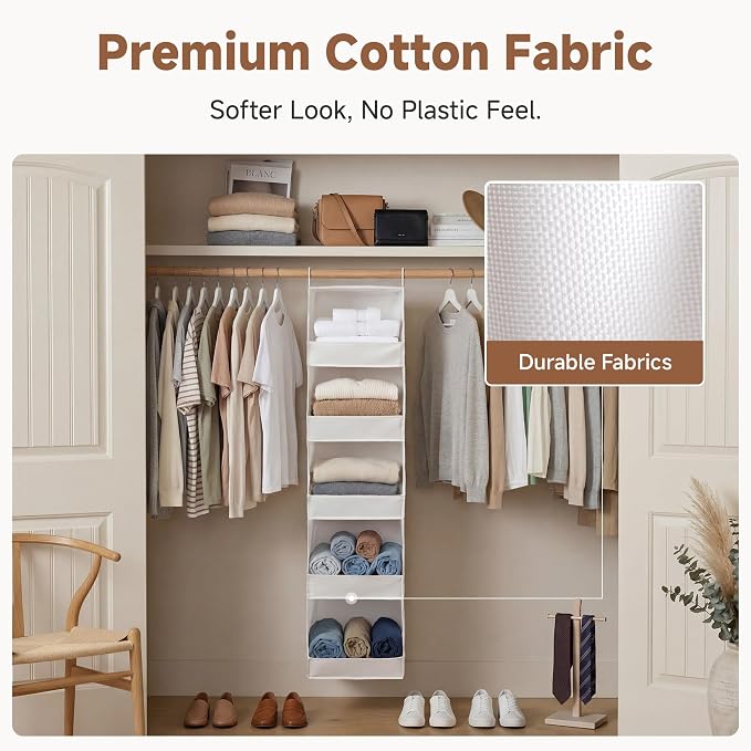 StorageWorks Basics Hanging Closet Organizer, 5-Shelf Wide Trapezoid Closet Shelves with Reinforced Anti-Sagging Support for Sweaters, Hoodies and Handbags, Foldable Storage Organizer, Beige