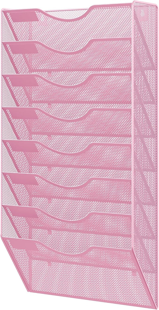 EasyPAG 8 Pocket Mesh Wall File Organizer, Hanging Paper Folder Holder with Classify Label, Vertical Wall Mount Mail Organizer for Office Home Classroom, Pink