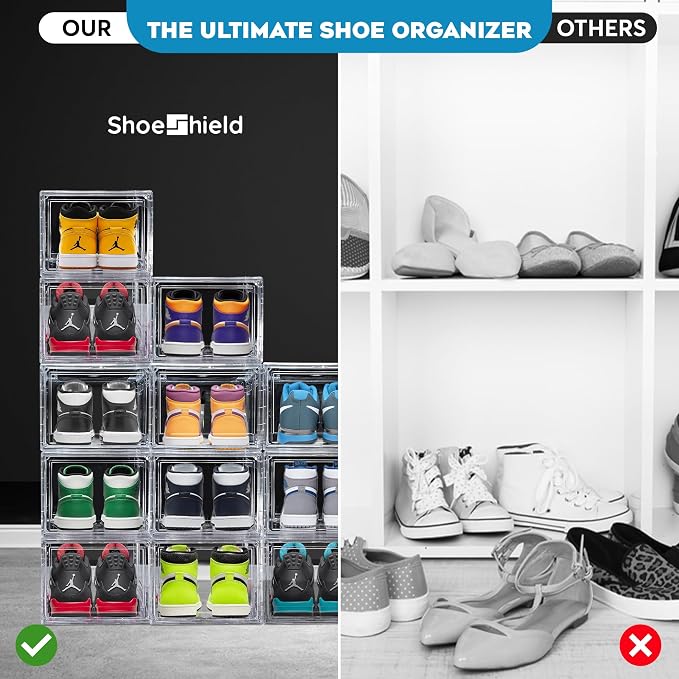 Ultra All Clear Shoe Boxes Plastic Stackable Professional Grade Shoe Display Case with Magnetic Front Drop Door Open Easy Assembly Modern Shoe Sneaker Display Case Fits US Size 14
