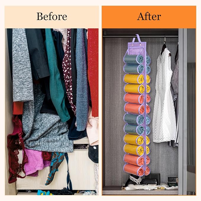 Lirex Hanging Yoga Legging Storage Organizer with 24 Pockets, Foldable Oxford Cloth Hanging Closet Organizer Shirts Jeans Storage Hanger Socks Holder for Family Closet Bedroom, Purple