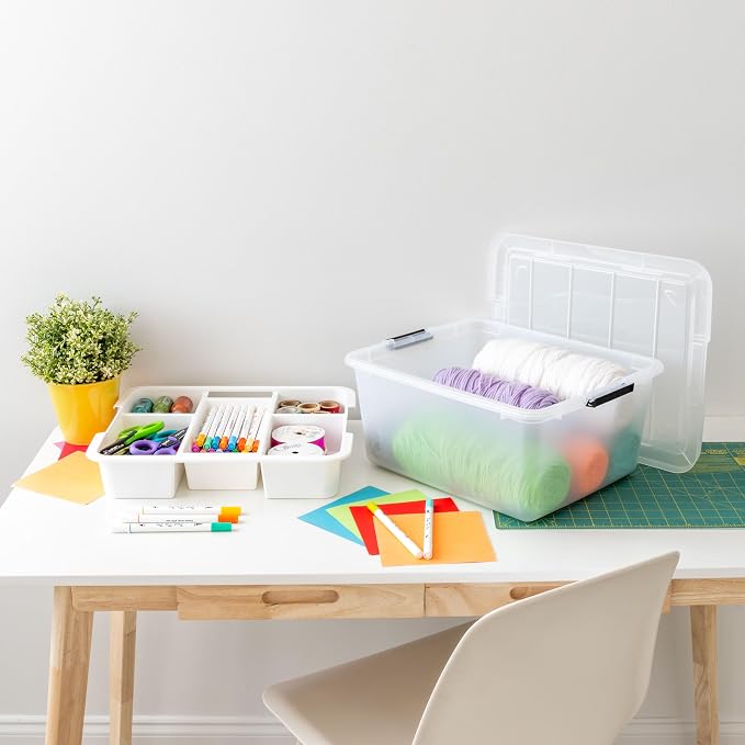 IRIS USA 18 QT Clear Storage Organizer with Removable Dividers, Stackable Plastic Storage Box with Lid, Modular Container for Crafts, Tools, Office & Pantry Organization