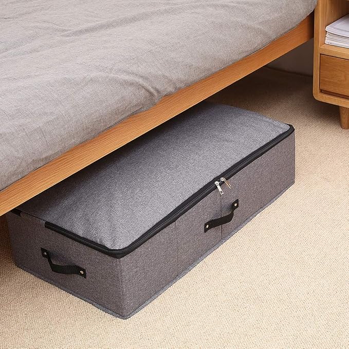 AMJ 29.5"*15"*7", Rigid Under Bed Garment Storage Bins, Folding & Washable, Soft Zip Lid, Black Gray