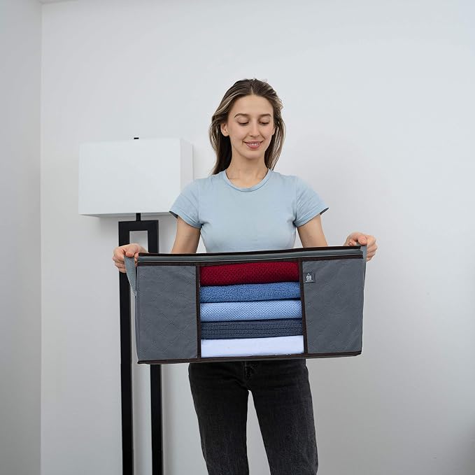 VENO 3 Pack Large Clothes Storage Bag Organizer with Reinforced Handle, Thick Container Bins for Blankets, Comforters, Bedding, Foldable with Sturdy Zipper, Clear Window, Grey, Reusable (13.3 Gallon)