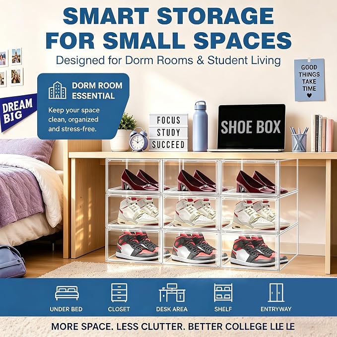 Low Profile Clear Shoe Storage Box for Flats,Loafers &Small Spaces | Space-saving 7.6-inch height fits under shelves &cabinets.Ideal for flats,loafers,slip-ons&compact living.1 Pack Fit Size 12