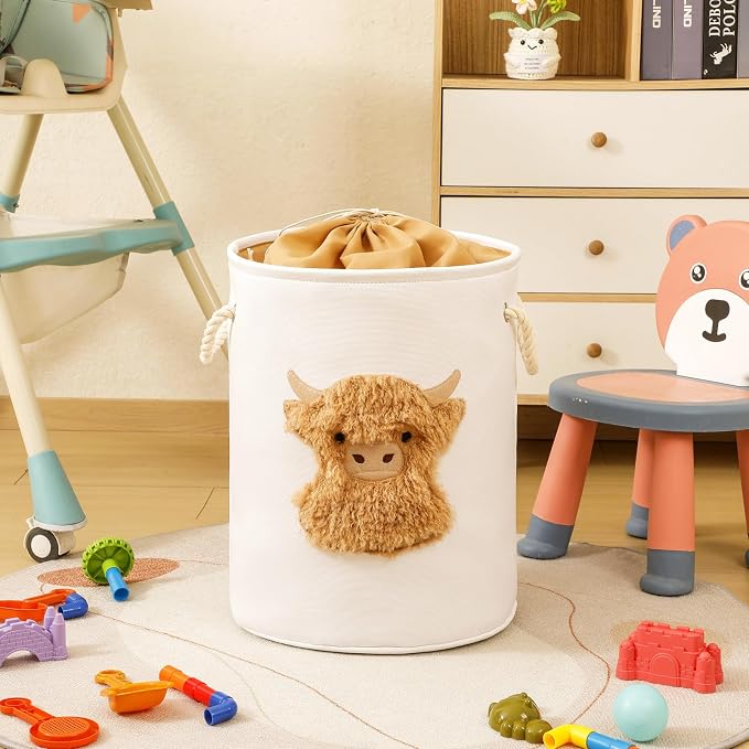Kids Laundry Basket Nursery Hamper Baby Laundry Basket Stuffed Animal Toys Storage Baskets for Toddler Room Decor, Dirty Clothes Hampers with Drawstring Closure for Bedroom/Living Room, Highland Cow