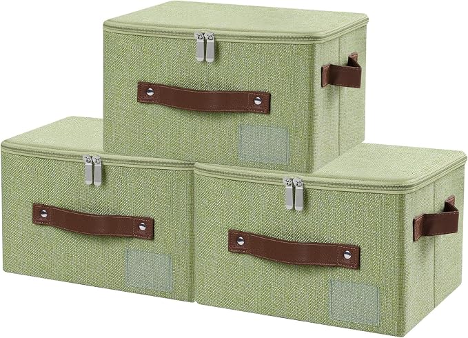 ANMINY 3PCS Storage Bins with Zipper Lid Storage Boxes with Label Holder PU Leather Handles Washable Foldable Decorative Lidded Cotton Linen Fabric Cubes Baskets Closet Organizer - Green, Small
