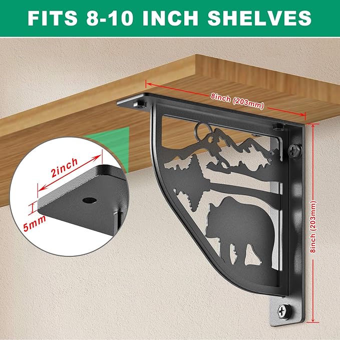 SELEWARE Black Heavy Duty Shelf Brackets, L 8" x H 8" x W 2" Wall Mount Decorative Shelving Brackets, 1/5" Thick Metal L Brackets with Mounting Hardware for DIY Floating Shelf (Bear, 2 Pack)