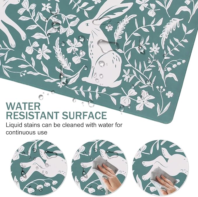 L-SPOUTTO Blue Desk Mat for Keyboard and Mouse,XXL Boho Gaming Mouse Pad | Cute Rabbit Large 35.4x15.7in Non-Slip Rubber Base Keyboard Pad Waterproof Desktop Mat for Laptop Computer Work Home Office