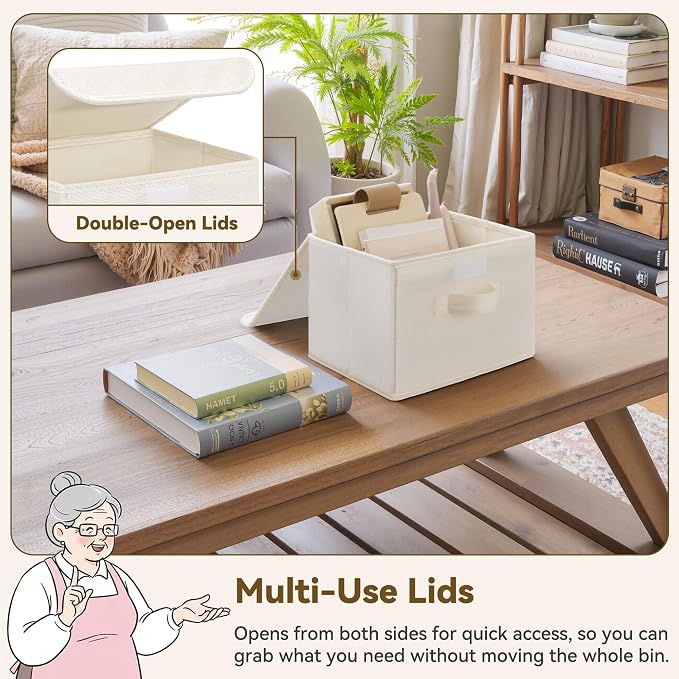 GRANNY SAYS Small Storage Bins with Lids, Small Storage Boxes, Shelf Baskets for Shelf, Collapsible Storage Bins for Living Room, Bedroom, 10x8x7 Inch, Ivory White, 2-Pack