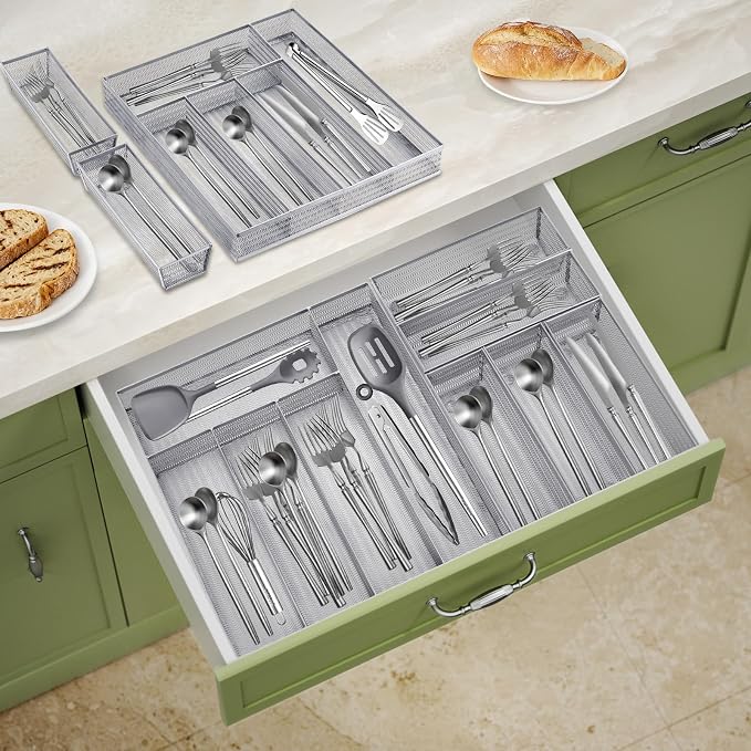 Neudeco Drawer Organizer Set, Silver Mesh, 6 Pack | 5-Compartment Silverware Tray, 5 Utensil Trays, Non-Slip, For Flatware, Cutlery, Office Supplies