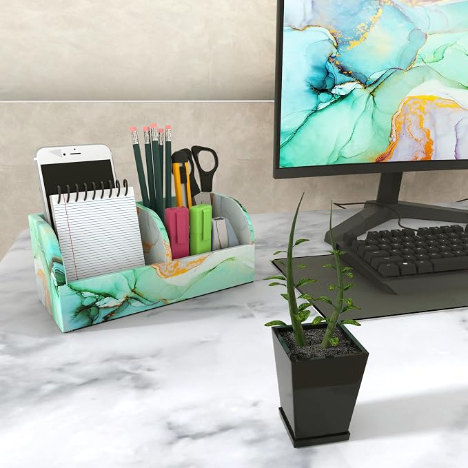 PU Leather Supply Organizer,Remote Control Holder Multifunctional Office Stationery Storage Box Organizer,Pencil Holders Organizers Table Top Desktop Desk Accessories(1-Splash Ink)