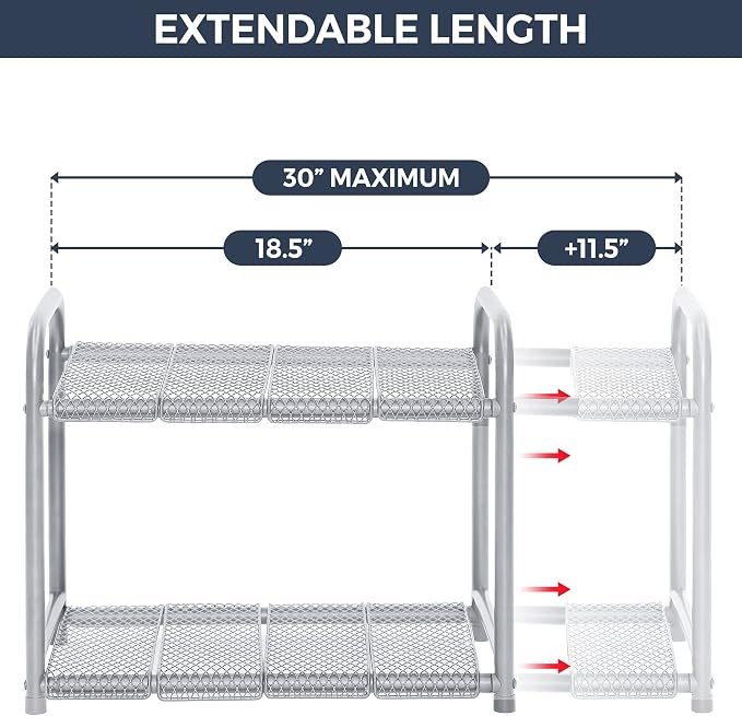 STO STO Under Sink Organizer and Storage, 2-Tier Expandable Kitchen Bathroom Organizer Under Sink with 10 Removable Steel Panels - Extend From 18.5 to 30 Inches, Silver