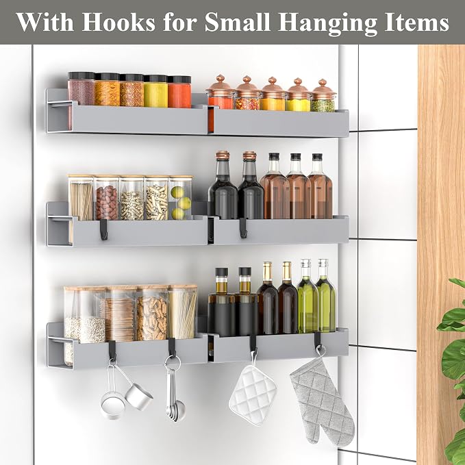 HuggieGems 6 Pack Magnetic Spice Rack Organizer for Refrigerator and Oven, Silver Fridge Organizers and Storage for Kitchen