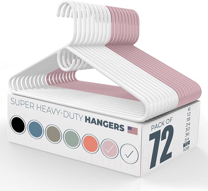 Super Heavy Duty Clothes Hangers 50+ Pack (72 Count) – Made in the USA - 10lb Capacity, Thick Plastic Hangers for Pants, Coats, Jackets, Jeans and Adult Clothing – White & Pink