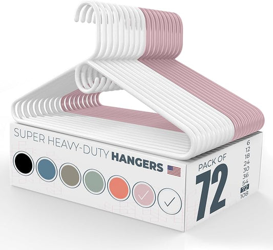 Super Heavy Duty Clothes Hangers 50+ Pack (72 Count) – Made in the USA - 10lb Capacity, Thick Plastic Hangers for Pants, Coats, Jackets, Jeans and Adult Clothing – White & Pink