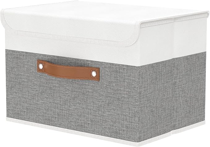 OUTBROS Large Fabric Storage Box with Lids, Foldable Linen Wardrobe Containers, Organiser For Towels, Clothes, 17.7 x 11.8 x 11.8 inch (White/Grey, 1-Pack) | Foldable Linen Wardrobe Containers, Organiser For Towels, Clothes