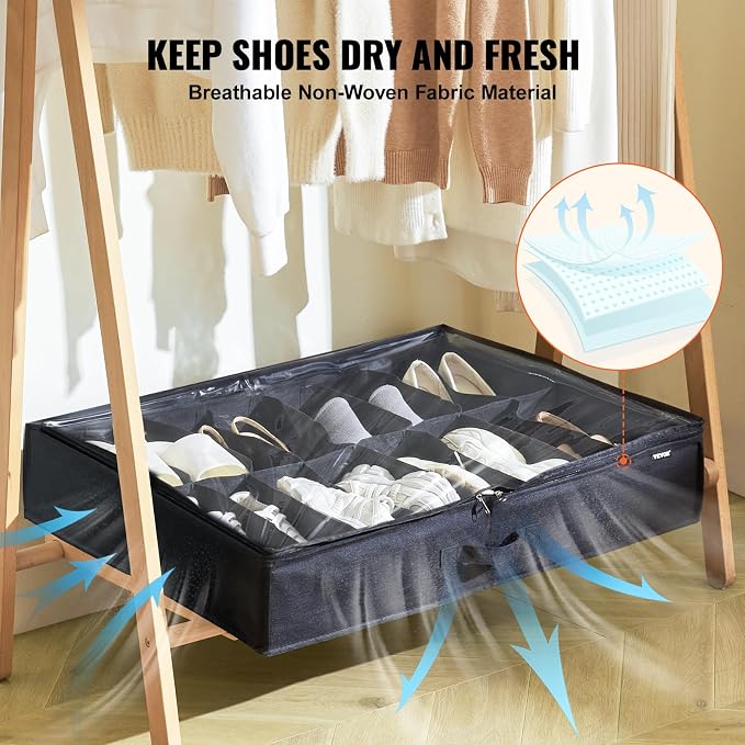 VEVOR Under Bed Shoe Storage Organizer, Set of 2, Total 32 Compartments, Underbed Shoes Closet Storage Solution with Clear Window, Breathable, Foldable Fabric Container Box with Reinforced Handles