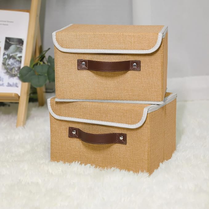 ANMINY 2PCS Storage Bins with Lid PU Leather Handles Storage Boxes PP Plastic Board Decorative Foldable Lidded Cotton Linen Fabric Home Cubes Baskets Closet Organizer Containers - Khaki, Small Size