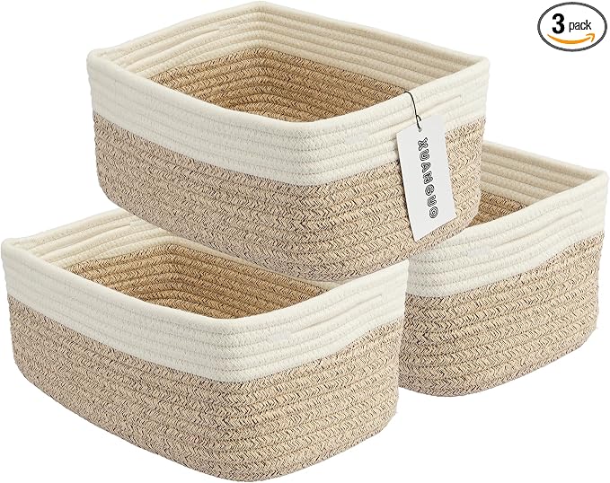 XUANGUO Small Woven Storage Baskets 12“X8”X5“ Decorative Rope Bins for Organizing Shelves, Closets, and Toys, Empty Gift Baskets, Cute Organizer Basket for Home and Office (white and brown regular)