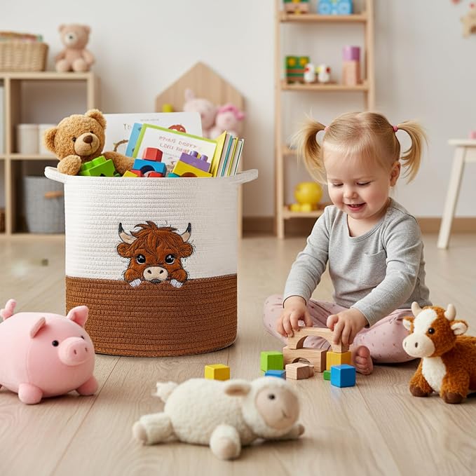 Highland Cow Cute Basket for Nursery, Woven Cotton Rope Storage Basket for Kids, Baby Blanket Organizer with Handles, Storage Basket for Blanket Towel Toys Clothes, Highland Cow Decor, Medium