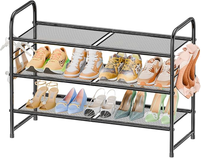 SUFAUY 3-Tier Mesh Shoe Rack, Closet Metal 33" Wide Shoe Shelf Heavy Duty, Black