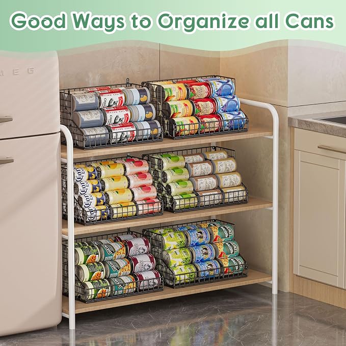 4 Pack Stackable Can Rack Organizer for Pantry Storage,Can Dispensers with 4 Adjustable Dividers, 2-Tier Metal Wire Basket Holds up to 84 Cans for Kitchen Cabinet Pantry, Black