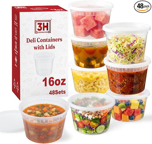 16oz Deli Containers with Lids (48 Sets) Plastic Pint Containers With Lids, BPA Free Microwave Safe Leakproof Stackable Freezer Containers With Lids for Overnight Oat, Food Storage