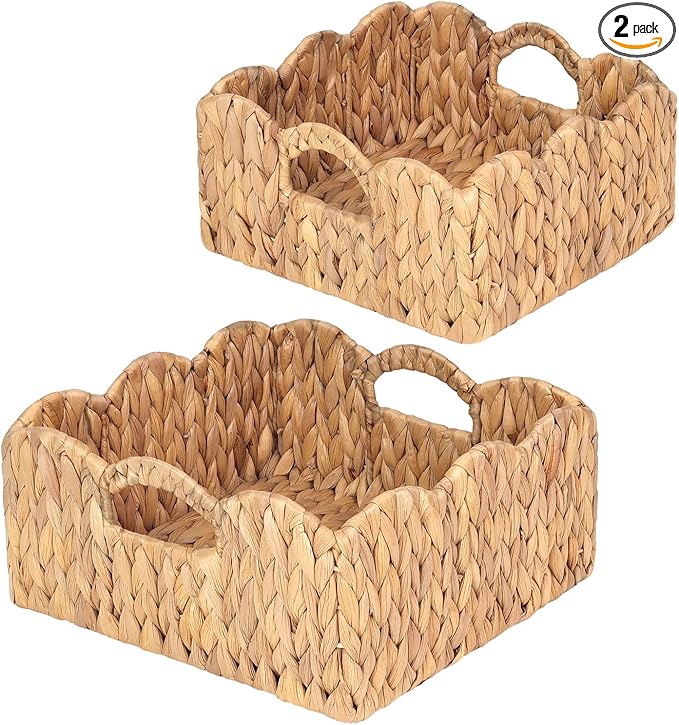 Scalloped Baskets (Natural-Set of 2) Basket Living Room Organizer, Water Hyacinth Baskets For Decor, Woven Basket for Bathroom, Bedroom, Laundr (2, Light Brown)