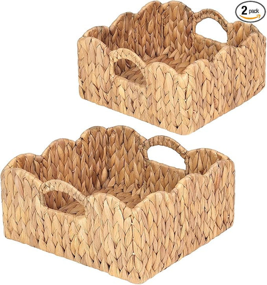 Scalloped Baskets (Natural-Set of 2) Basket Living Room Organizer, Water Hyacinth Baskets For Decor, Woven Basket for Bathroom, Bedroom, Laundr (2, Light Brown)