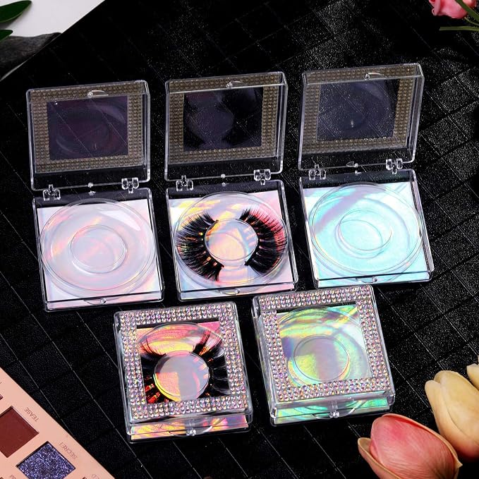 Blulu 12 Pcs Lash Boxes Packaging Empty Bulk Square Glitter 3D False Eyelash Cluster Box Storage Case Rhinestone Lash Organizer Container with Glitter Paper Clear Tray for Women Cosmetic(Holographic)