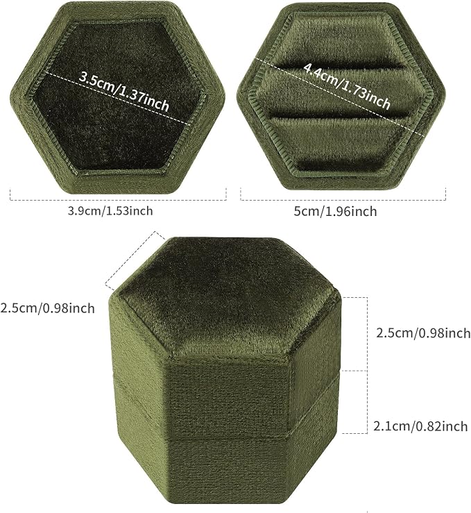 DesignSter Hexagon Velvet Ring Box - Premium Gorgeous Vintage Double Ring Display Holder with Detachable Lid for Proposal, Engagement, Wedding, Ceremony(Olive green)