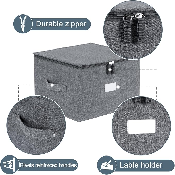 popoly China Storage Containers Inside 12" W x 8" H, Dinnerware Storage Box for Dishes Plate Storage with 24 Felt Dividers, Hold 24 Plates, Hard Shell and Stackable（4PACK