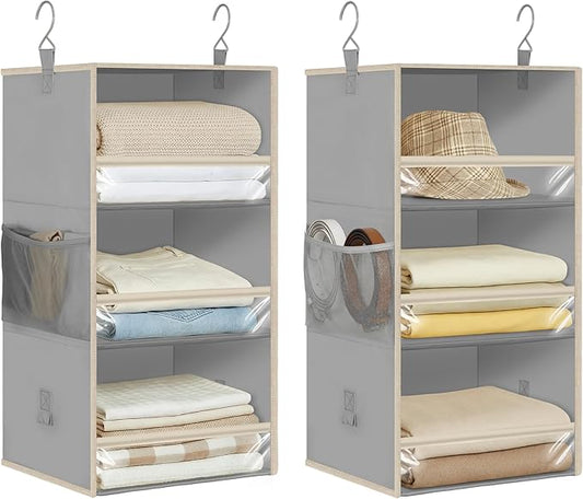 STORAGE MANIAC 6-Shelf Hanging Closet Organizer and Storage, 2 Separable 3-Shelf Haning Organizers for Closet, Collapsible Hanging Shelves Wardrobe Organization, College Dorm Room, Nursery, Gray