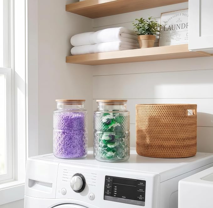 Large Glass Storage Jar, 2 Pack 60 FL OZ Glass Food Storage Containers with Bamboo Lid, Kitchen Laundry Room Organization Jar for Cookies Coffee Flour Sugar Laundry Pods Detergent Airtight Glass Jars