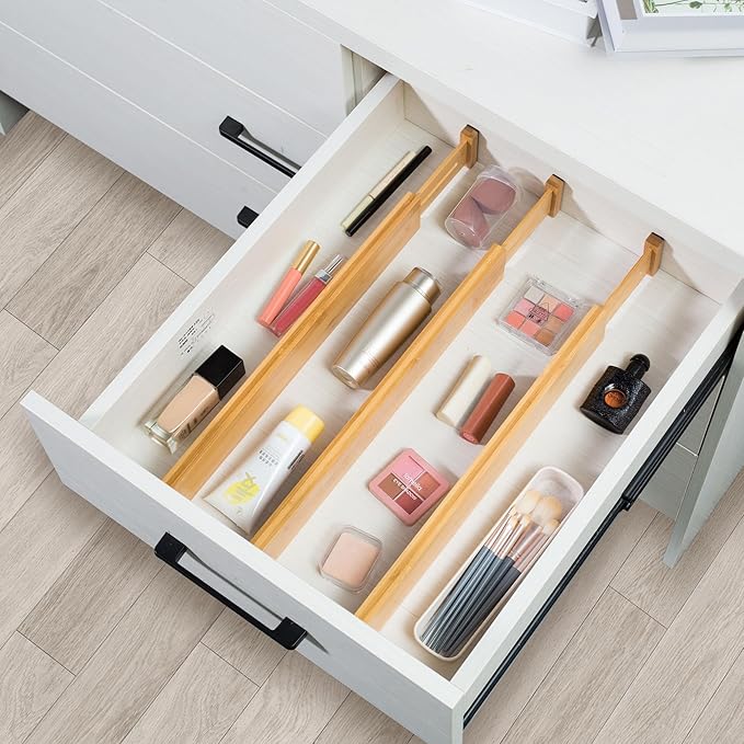 VaeFae 6-Pack Adjustable Bamboo Drawer Dividers, Expandable Drawer Organizer for Kitchen Utensils, Clothes, Bathroom, Office – Fits Drawer Interiors 16.6" to 21.8"