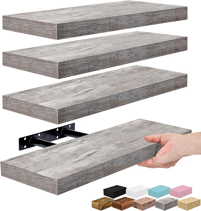 Sorbus Floating Shelves for Wall – 16 Inch Floating Shelf for Kitchen, Bedroom, Living Room, Bathroom, Home & Wall Decor - Mounted Bathroom Shelves with Invisible Brackets (Grey, 4 Pack)