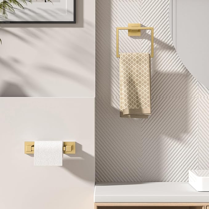 FORIOUS Toilet Paper Holder Set Wall Mount, SUS 304 Stainless Steel Pivoting Toilet Paper Holder and Towel Ring, Hand Towel Holder Set for Bathroom, Square Bathroom Hardware Set, Brushed Gold