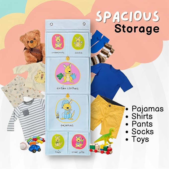 Cool-Stuff Kids Hanging Clothes Organizer – Over The Door Storage for Pajamas, Toys, Socks – Wall Mount Closet Organizer for Toddler, Preschool, Kindergarten – Water-Resistant, Blue, 44x14.5