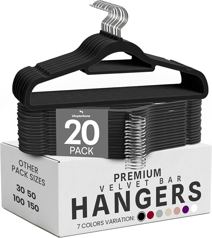 Utopia Home Velvet Hangers 20 Pack – Premium Hangers with Tie Bar - Black | Non-Slip Slim Clothes & Coat Hangers with Tie Bar, Space-Saving Heavy Duty Design, 360° Swivel Hook