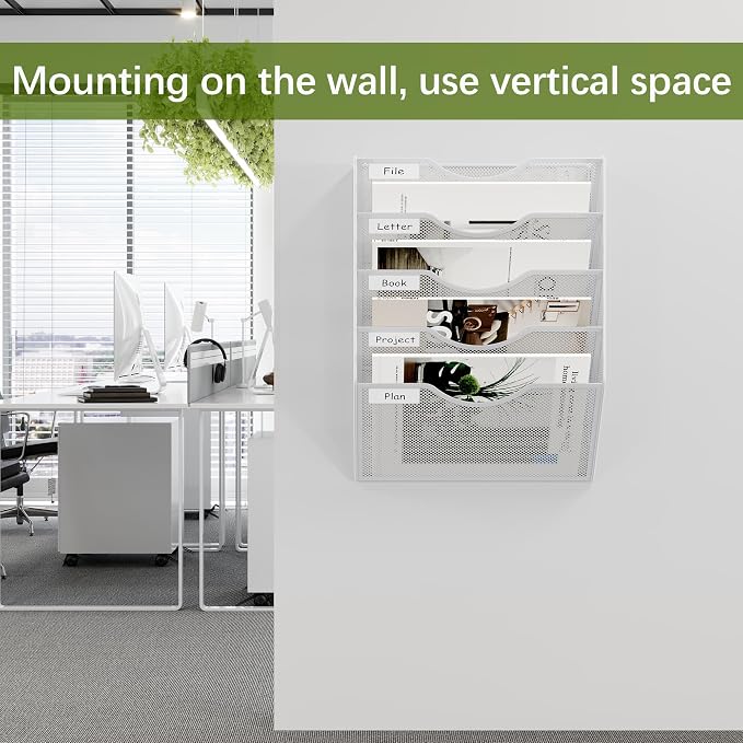 EasyPAG Wall File Organizer 5 Tier Hanging Paper Folder Holder, Zero Assembly Metal Mesh Wall Mounted Mail Organizer for Office Home Classroom Narrow Spaces, White