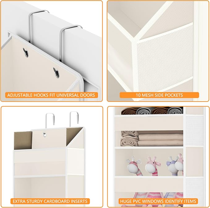 Over Door Organizer with 5 Large Pockets & 10 Mesh Side Compartments - Behind The Door Storage for Bathroom, Bedroom, Closet, Pantry, RV & Nursery - Baby Room Organizer Solution - Beige