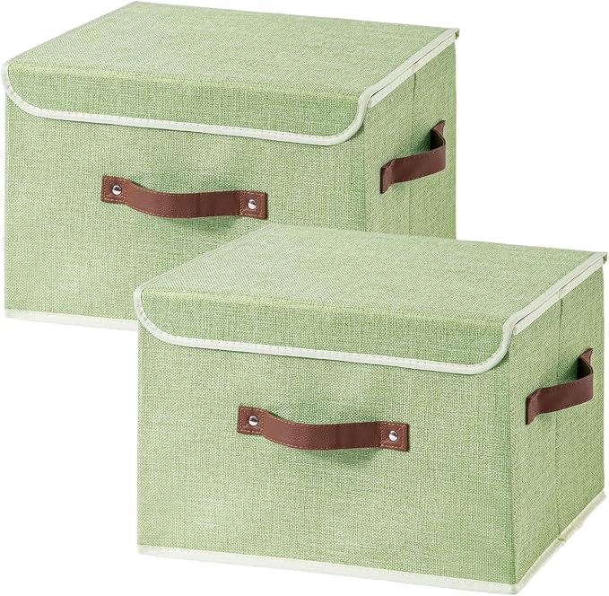 2PCS Collapsible Storage Boxes Baskets with Lid Cotton Linen Fabric Storage Bins with Faux Leather Handles Washable Cube Organizer Container for Home Closet Bedroom (Green, Large Size)