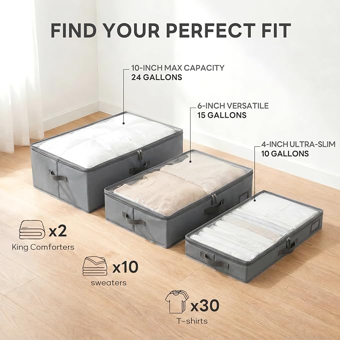 10" High Capacity Under Bed Storage Bins (3-Pack, Grey), Deep 600D Heavy Duty Oxford Fabric Storage Box for King Size Comforters, Pillows & Large Blankets