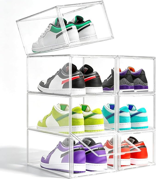 1 Pack Clear Shoe Boxes with Acrylic Drop Front Magnetic Door, Stackable Size 12 Shoe Organizer for Sneaker Collection, Space-Saving Plastic Shoe Storage Box for Closet, Entryway, Bedroom
