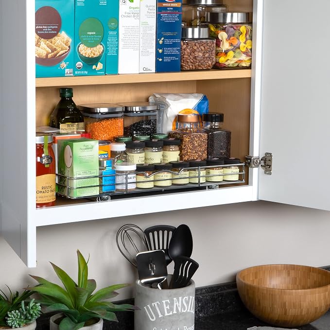 Pull-Out Cabinet Spice Rack Organizer, 20 ⅜"W x 10 ⅜"D x 2 ¾"H | Slim Slide-Out Storage for Spices, Bottles & Jars, Premium Heavy-Duty Steel, Easy Install for Narrow Kitchen Cabinets, Chrome