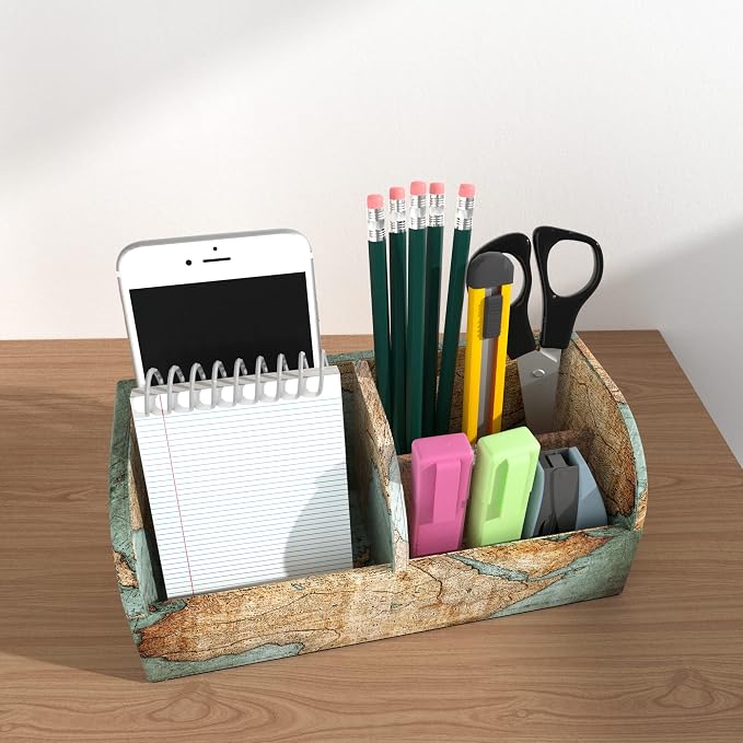 PU Leather Supply Organizer,Remote Control Holder Multifunctional Office Stationery Storage Box Organizer,Pencil Holders Organizers Table Top Desktop Desk Accessories(1-Vintage Map)