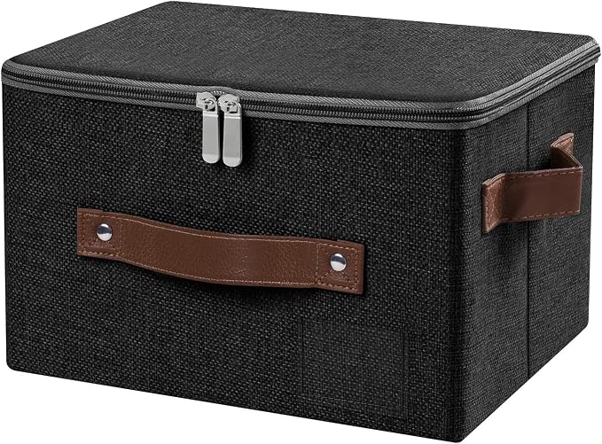 ANMINY Storage Bins with Zipper Lid Storage Boxes with Label Holder PU Leather Handles Washable Foldable Decorative Lidded Cotton Linen Fabric Cubes Baskets Closet Organizer - Black, Small