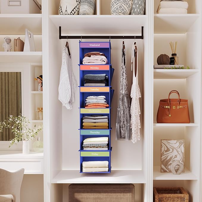 YOUDENOVA 6-Shelf Weekly Hanging Closet Organizer, Weekly Clothes Organizers for Kids with 2 Side Pockets, Blue