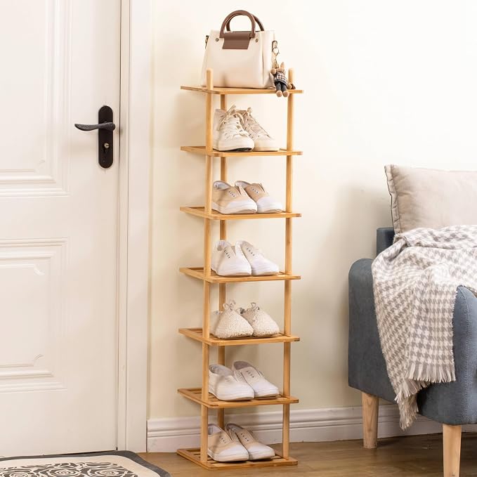 7-Tier Vertical Shoe Rack - Tall Narrow Shoe Rack Organizer for Small Spaces,Bamboo Shoen Shelf for Entryway,Closet,Corner,Doorway,Skinny Shoe Shelf Space Saving Shoe Storage (Natural, 7-Tier)